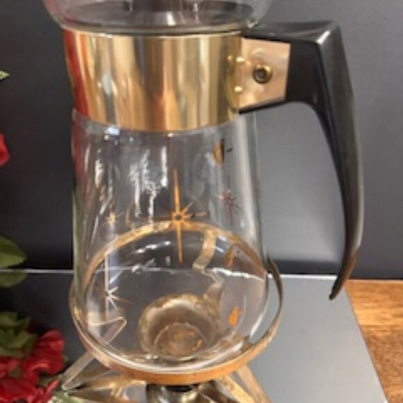 Corning Ware Atomic Starburst Coffee Carafe 36 oz with Brass Warmer Vintage Mid - Picture 8 of 10